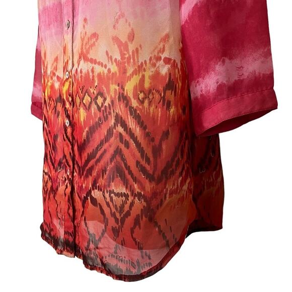 Chicos Pink Orange Button Down Sheer 3/4 Sleeve Long Line Top Shirt Blouse 0/ S - Picture 9 of 15